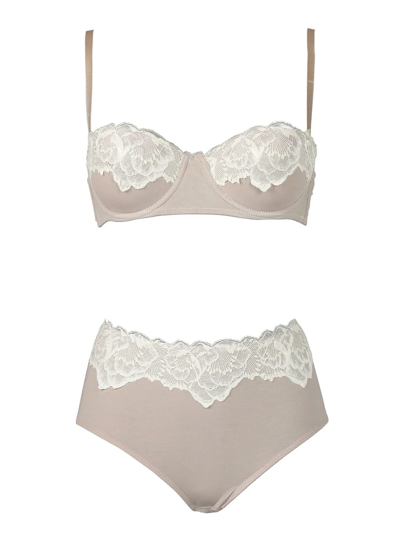 P0679C Balconette + panty in misto seta - sabbia