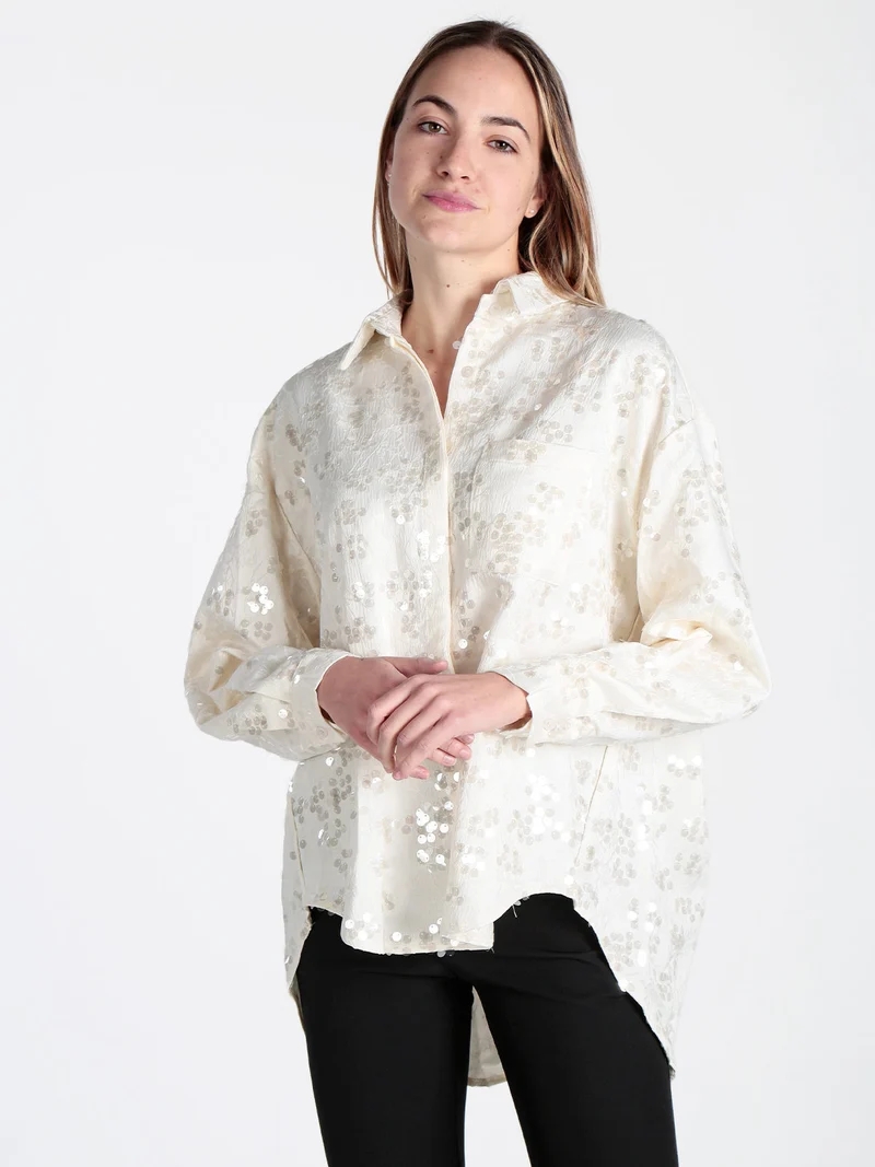 Camicia donna oversize con taschino e paillettes - panna