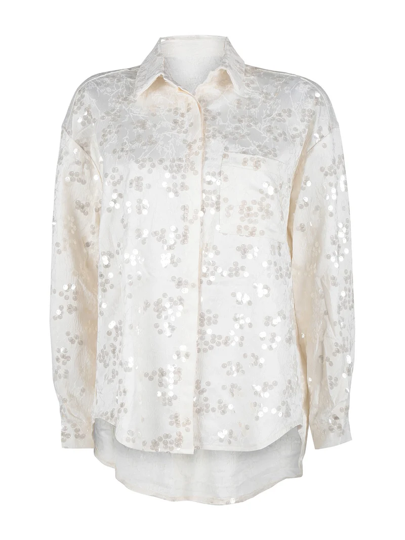 Camicia donna oversize con taschino e paillettes - panna