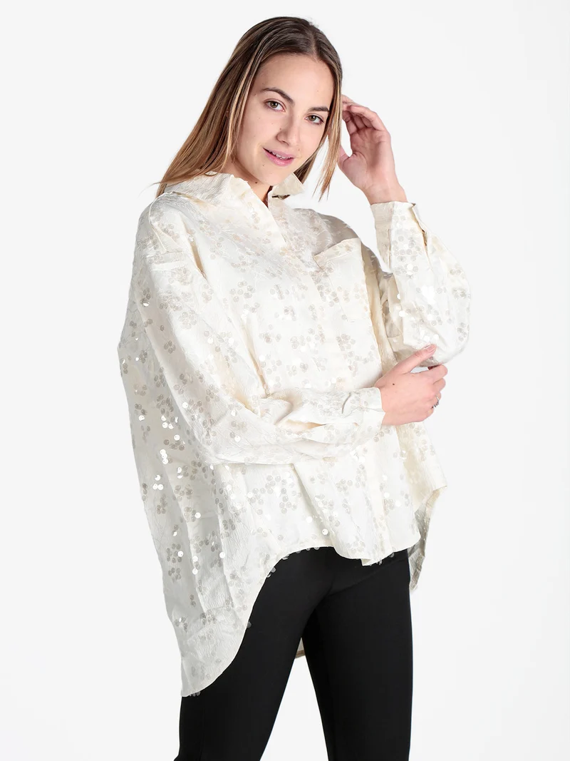 Camicia donna oversize con taschino e paillettes - panna