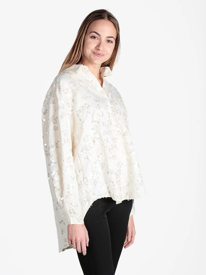 Camicia donna oversize con taschino e paillettes - panna