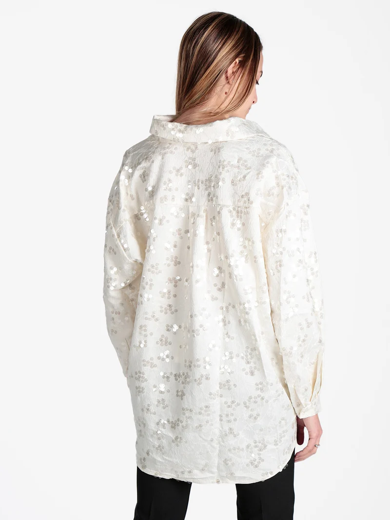 Camicia donna oversize con taschino e paillettes - panna