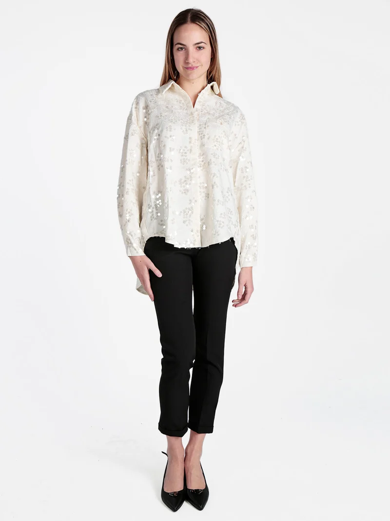 Camicia donna oversize con taschino e paillettes - panna