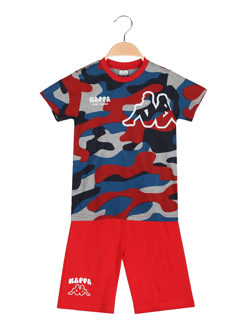 Completo corto 2 pezzi da bambino con t-shirt mimetica e bermuda - rosso