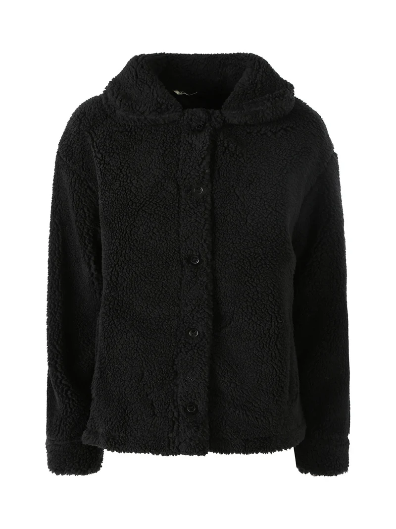 Cappotto corto teddy da donna con bottoni - nero