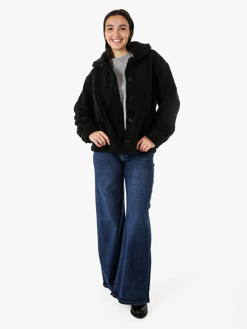Cappotto corto teddy da donna con bottoni - nero