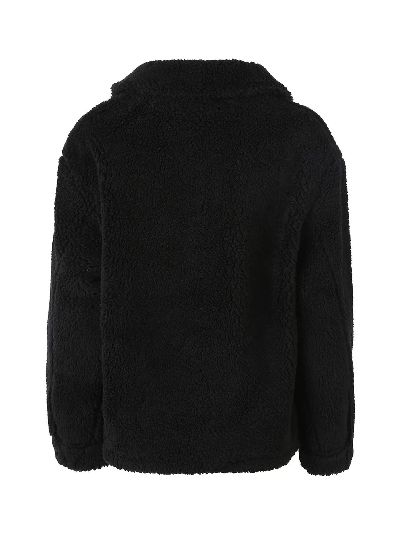 Cappotto corto teddy da donna con bottoni - nero