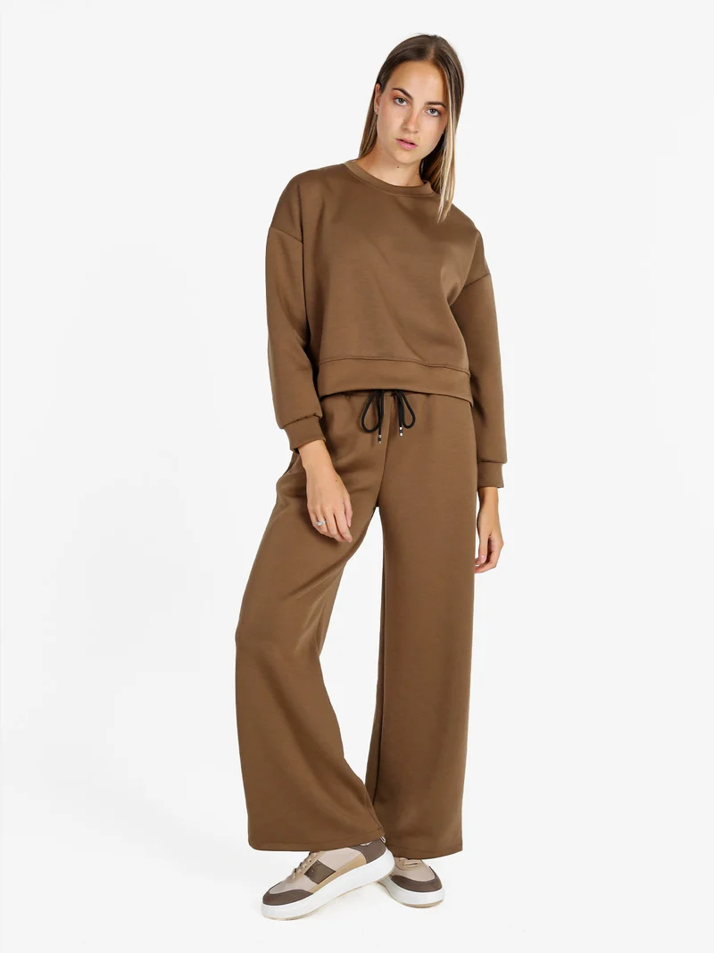 Pantaloni donna in felpa a gamba larga con coulisse - marrone