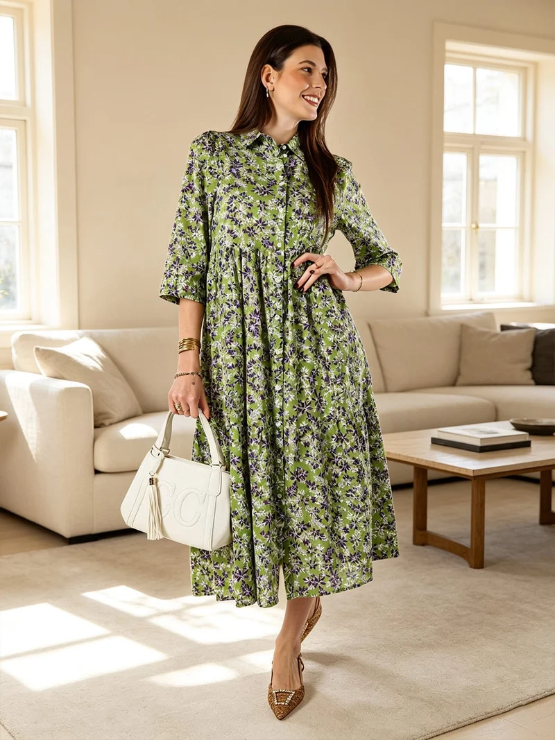 Abito lungo da donna a camicia in cotone con maniche a 3/4 - verde