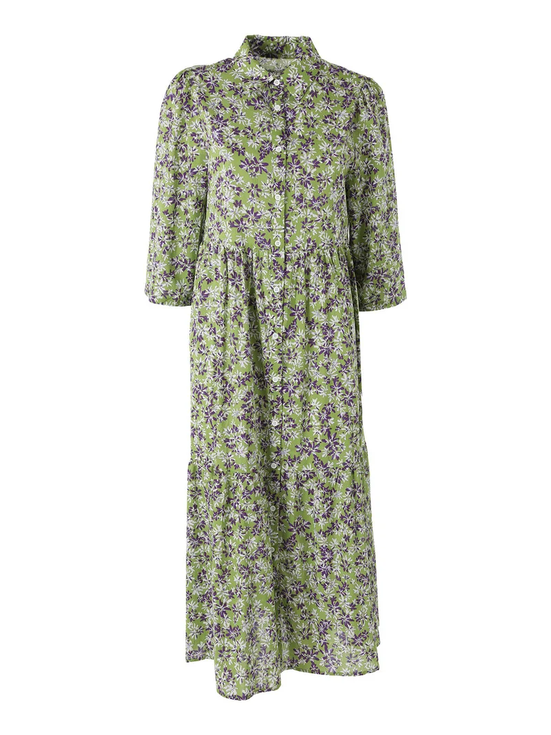 Abito lungo da donna a camicia in cotone con maniche a 3/4 - verde