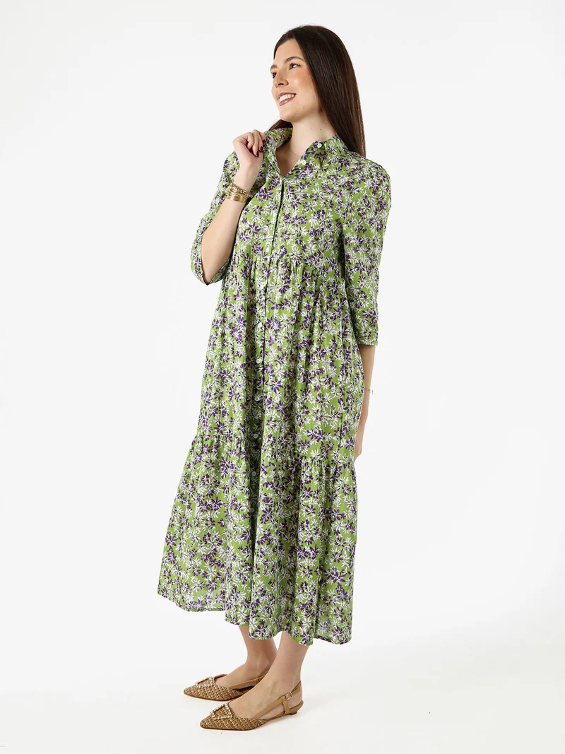 Abito lungo da donna a camicia in cotone con maniche a 3/4 - verde