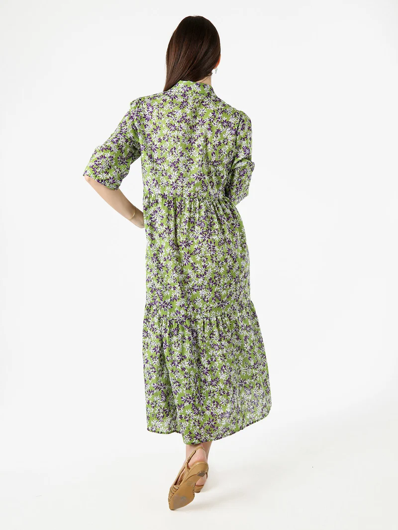 Abito lungo da donna a camicia in cotone con maniche a 3/4 - verde