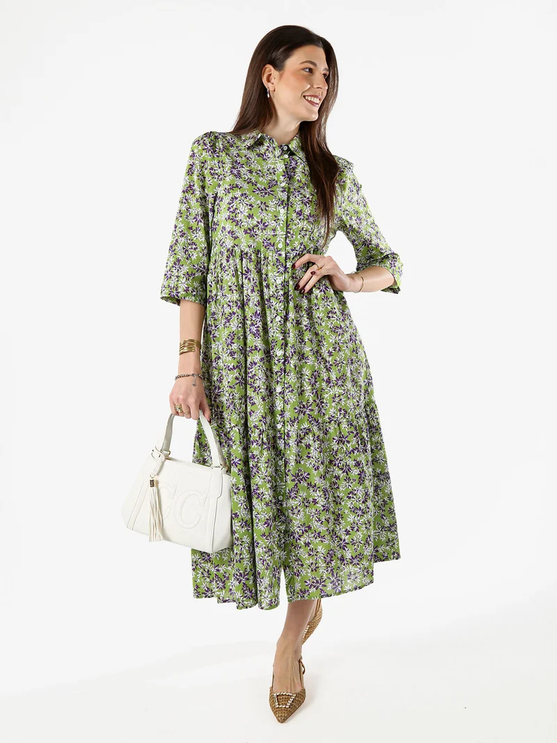 Abito lungo da donna a camicia in cotone con maniche a 3/4 - verde