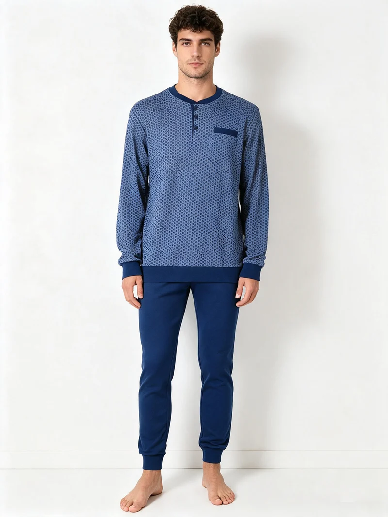 Pigiama lungo da uomo in cotone interlock con stampa a cerchi - jeans
