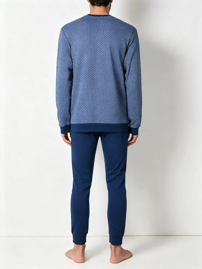 Pigiama lungo da uomo in cotone interlock con stampa a cerchi - jeans