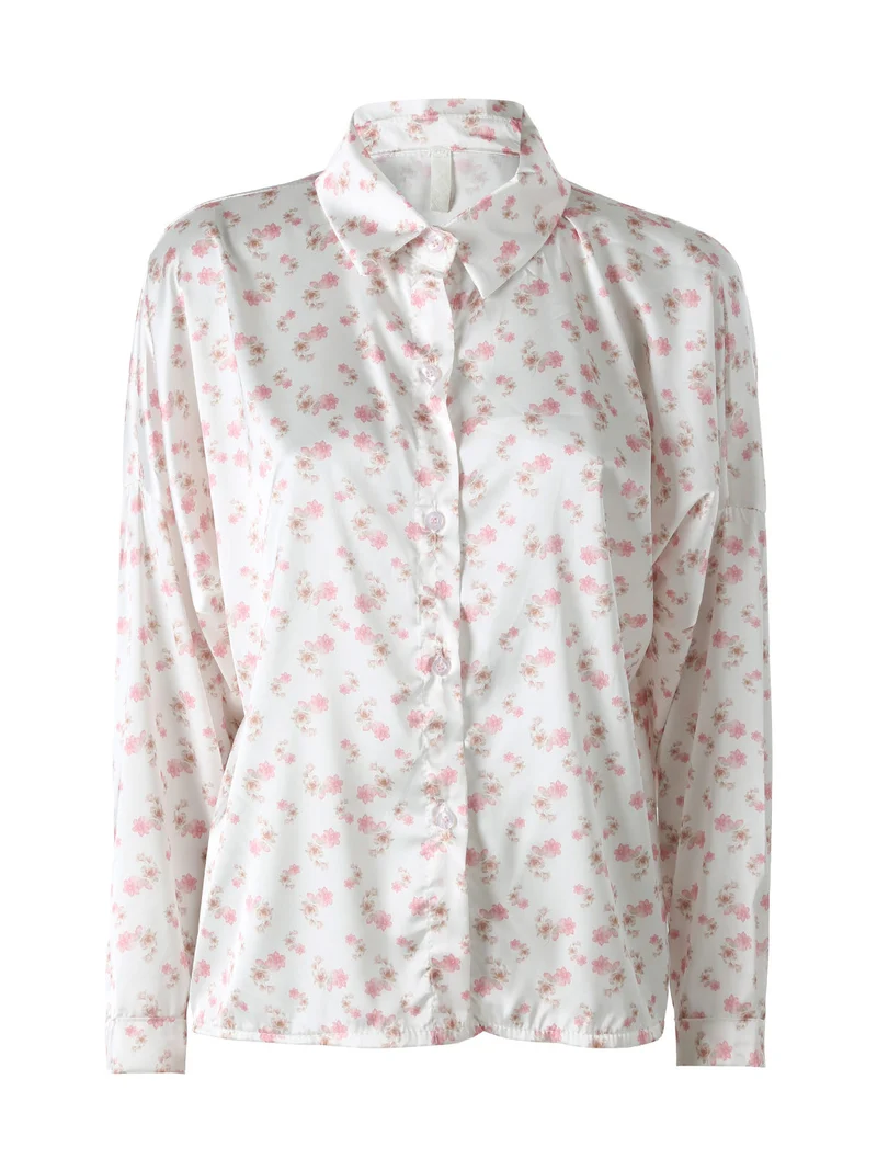 Camicia da donna a maniche lunghe con stampa floreale - bianco