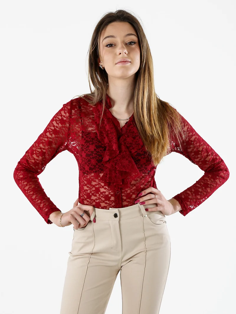 Camicia body da donna in pizzo a maniche lunghe con rouches - bordeaux