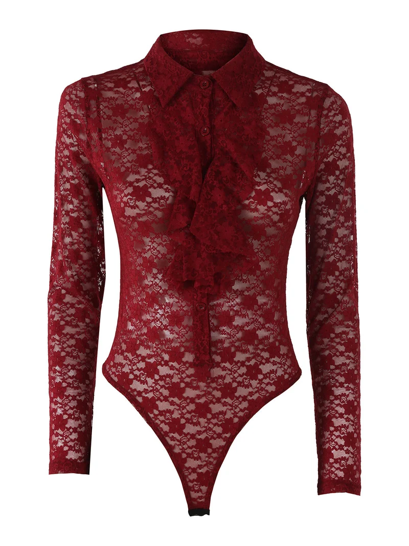 Camicia body da donna in pizzo a maniche lunghe con rouches - bordeaux