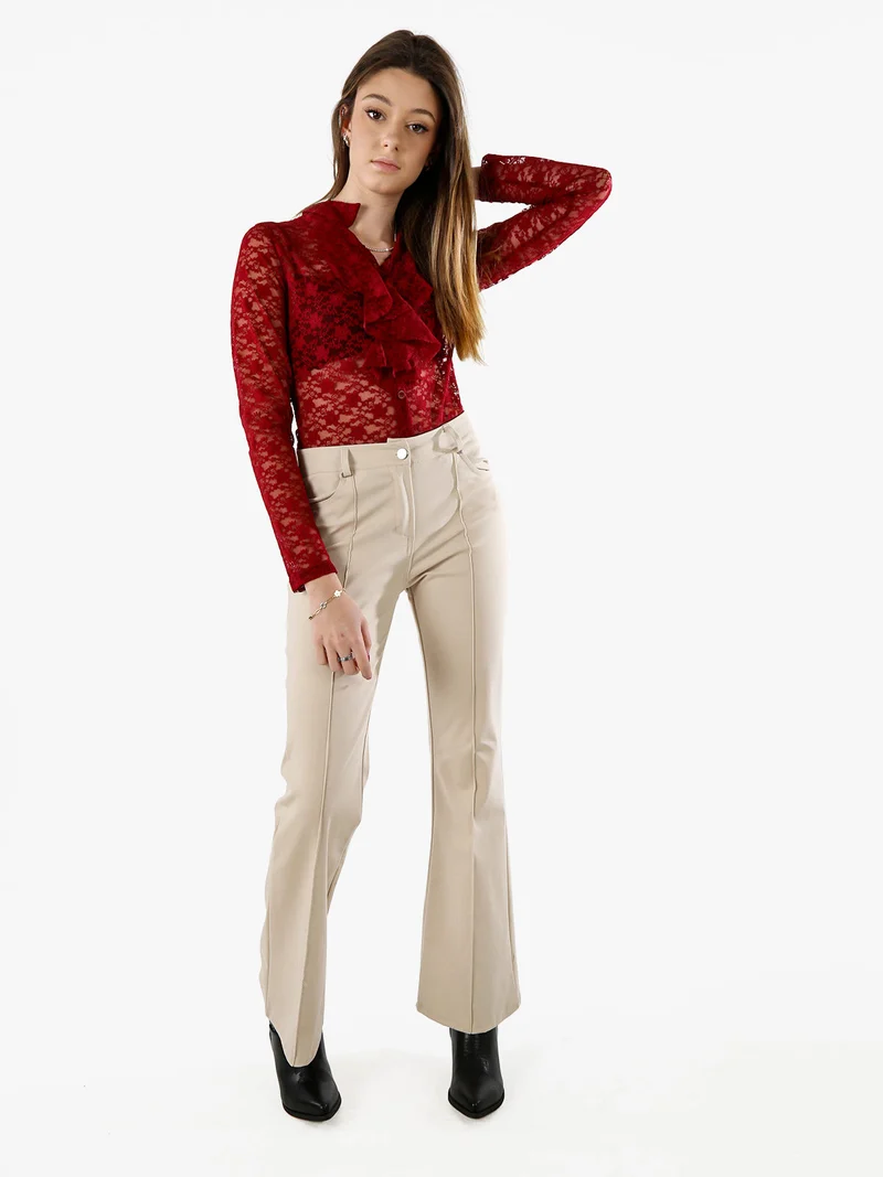 Camicia body da donna in pizzo a maniche lunghe con rouches - bordeaux