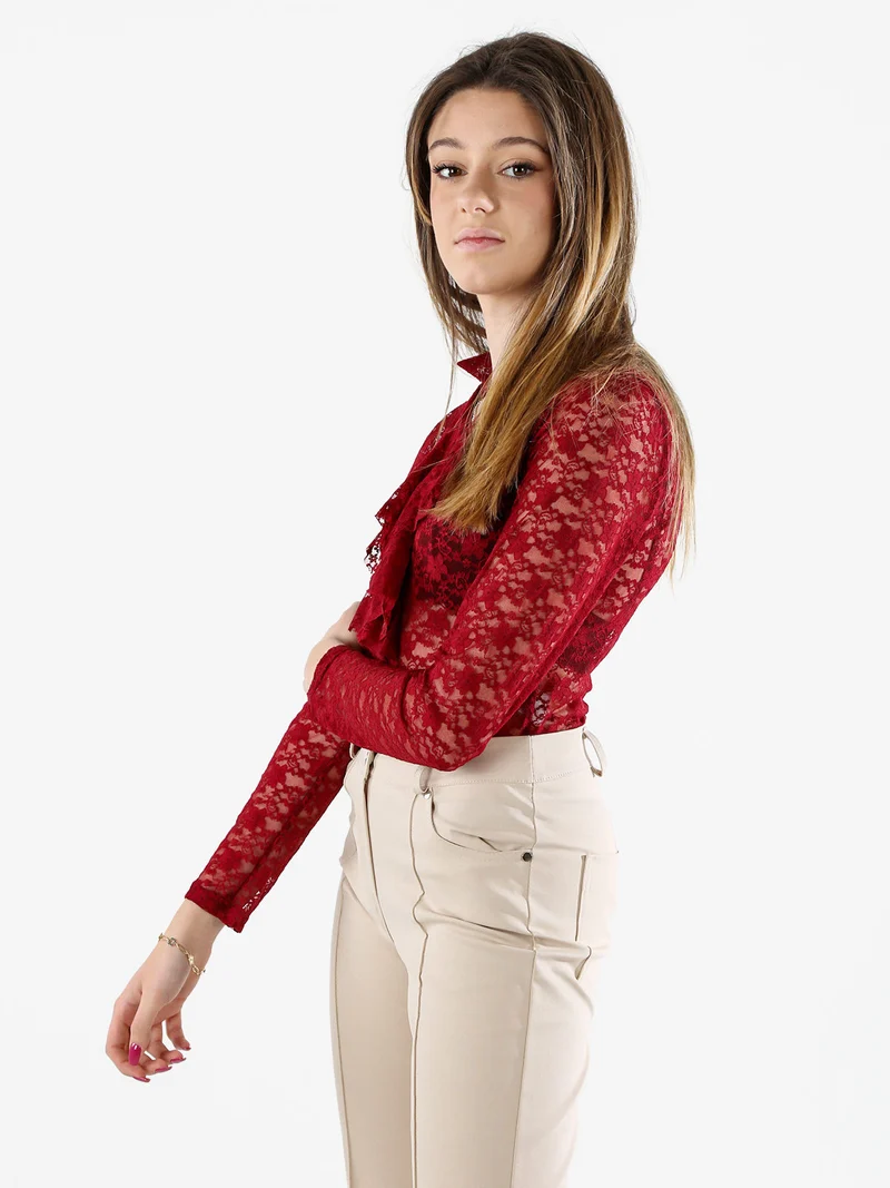 Camicia body da donna in pizzo a maniche lunghe con rouches - bordeaux