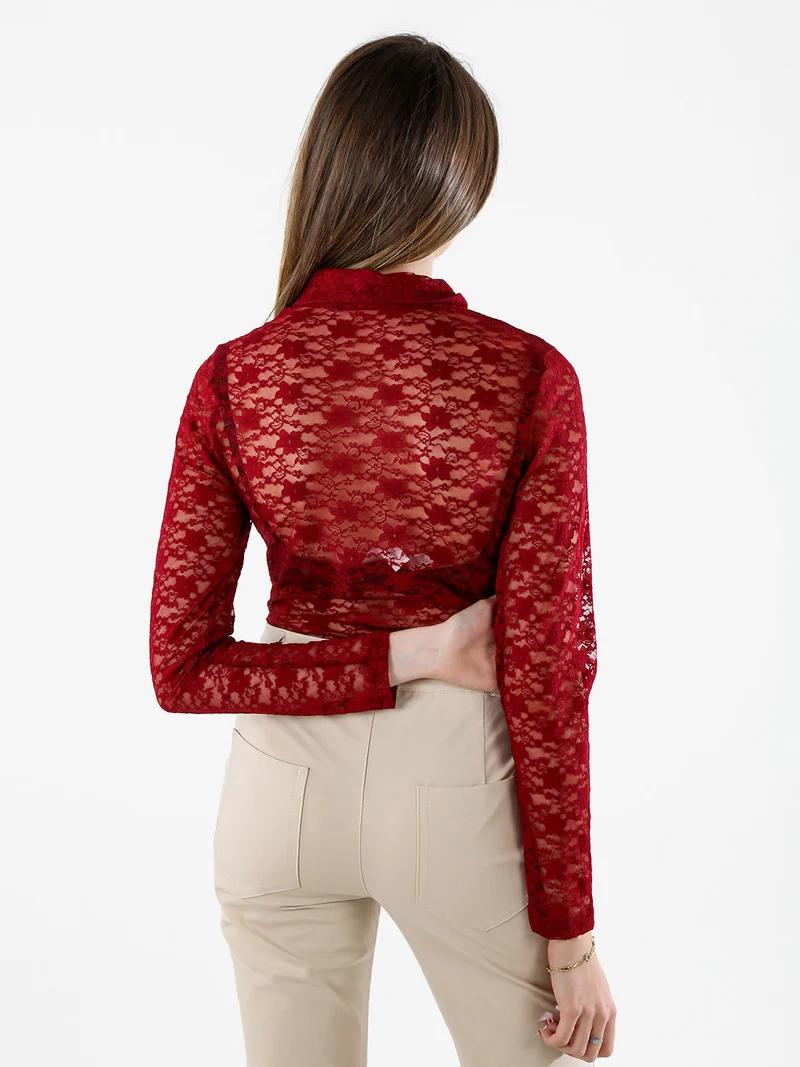 Camicia body da donna in pizzo a maniche lunghe con rouches - bordeaux
