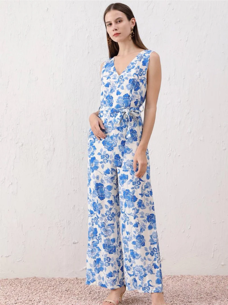 Tuta lunga jumpsuite donna senza maniche con stampa floreale - azzurro