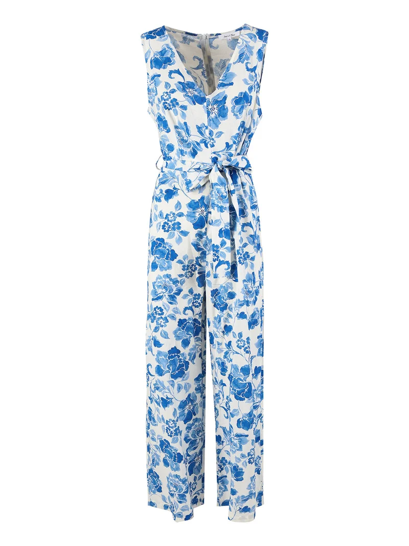 Tuta lunga jumpsuite donna senza maniche con stampa floreale - azzurro