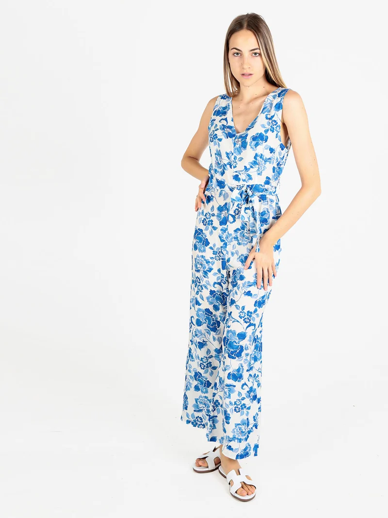 Tuta lunga jumpsuite donna senza maniche con stampa floreale - azzurro