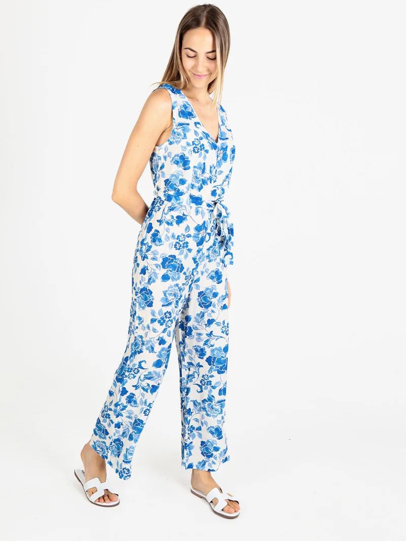 Tuta lunga jumpsuite donna senza maniche con stampa floreale - azzurro