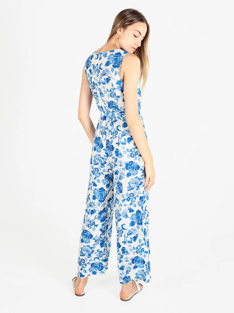 Tuta lunga jumpsuite donna senza maniche con stampa floreale - azzurro