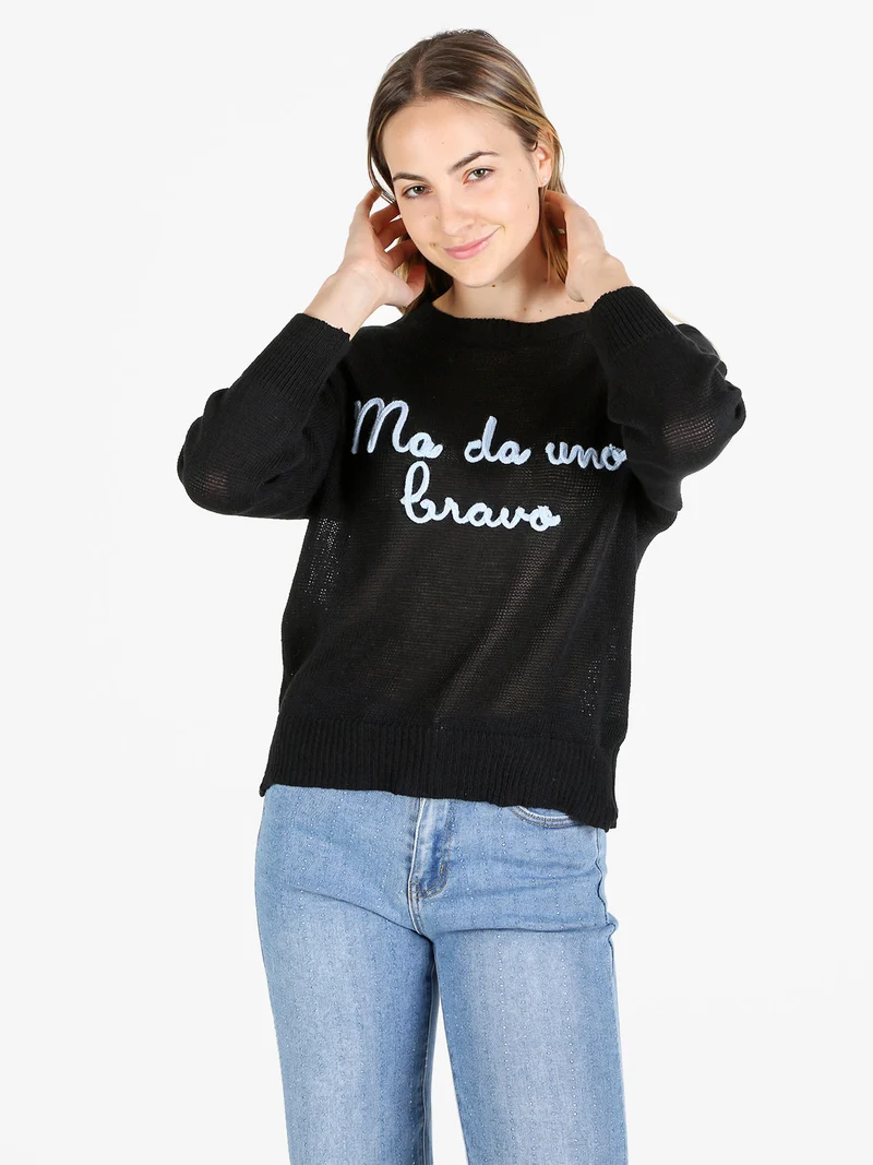 Pullover donna in maglia traforata con ricamo - nero
