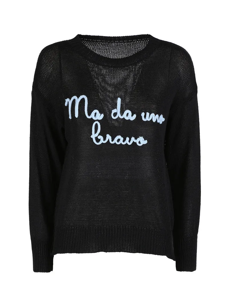 Pullover donna in maglia traforata con ricamo - nero