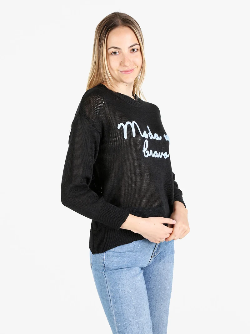Pullover donna in maglia traforata con ricamo - nero