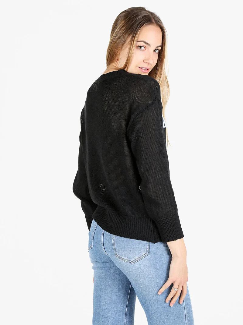 Pullover donna in maglia traforata con ricamo - nero