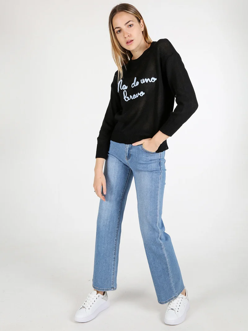 Pullover donna in maglia traforata con ricamo - nero
