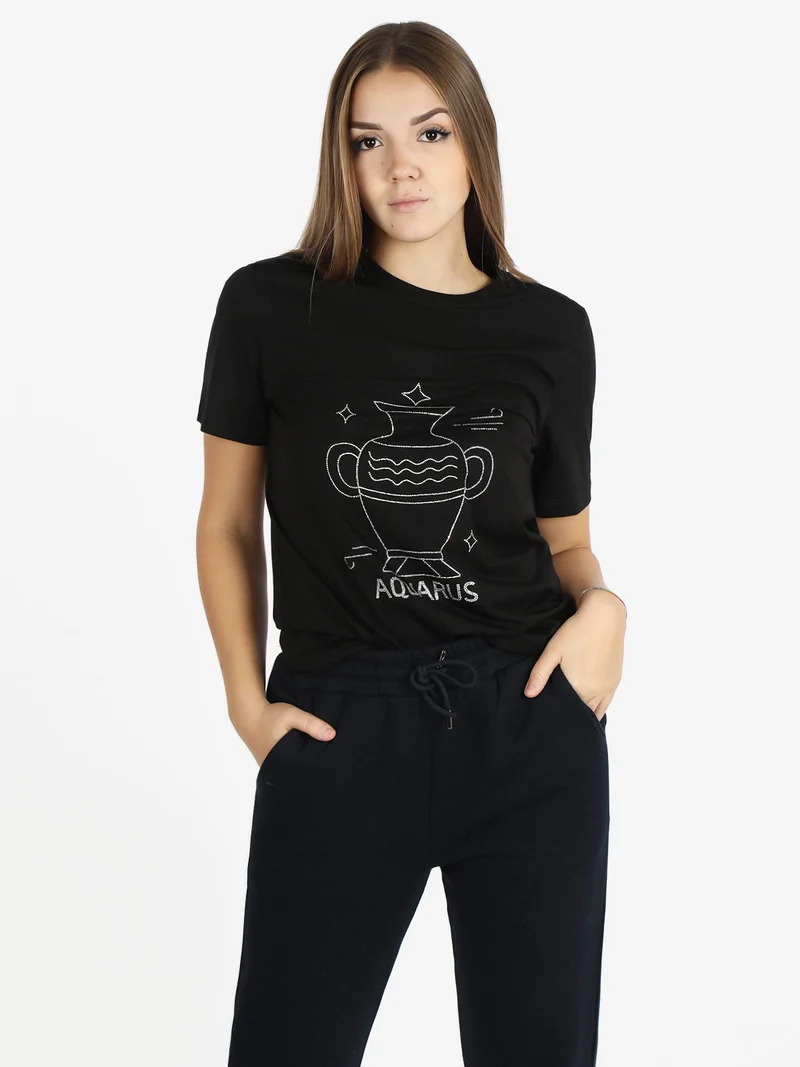 T-shirt manica corta donna segno zodiacale Acquario - nero