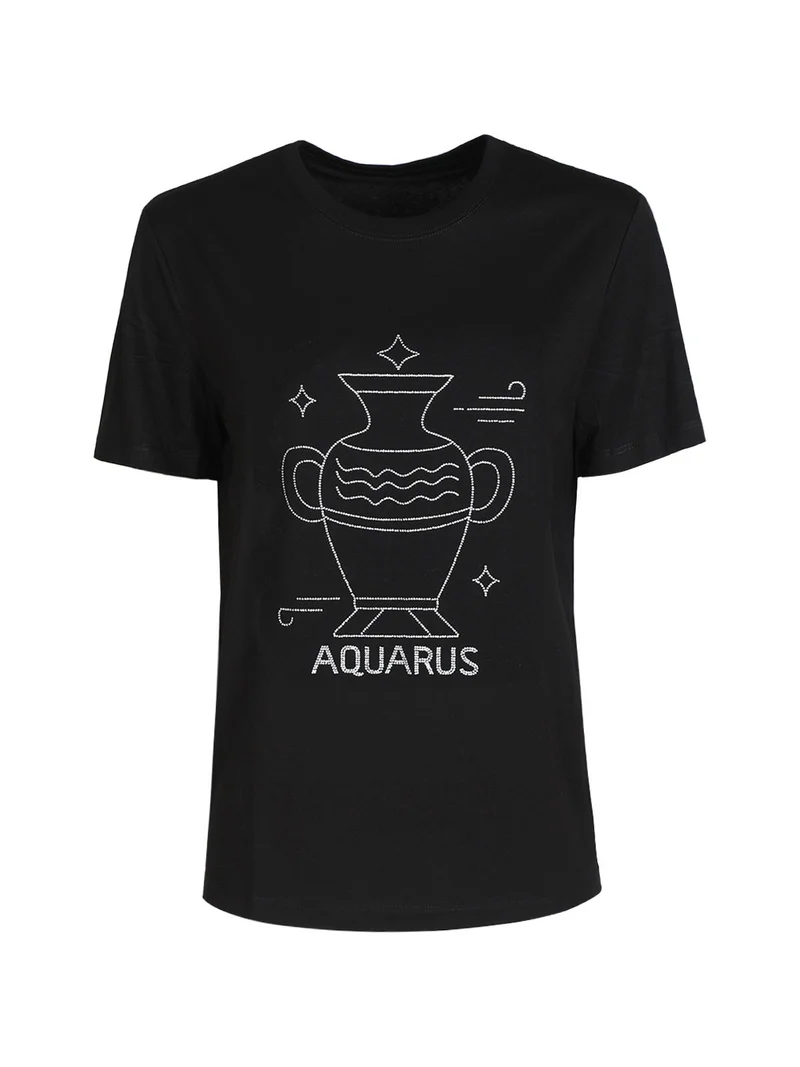 T-shirt manica corta donna segno zodiacale Acquario - nero