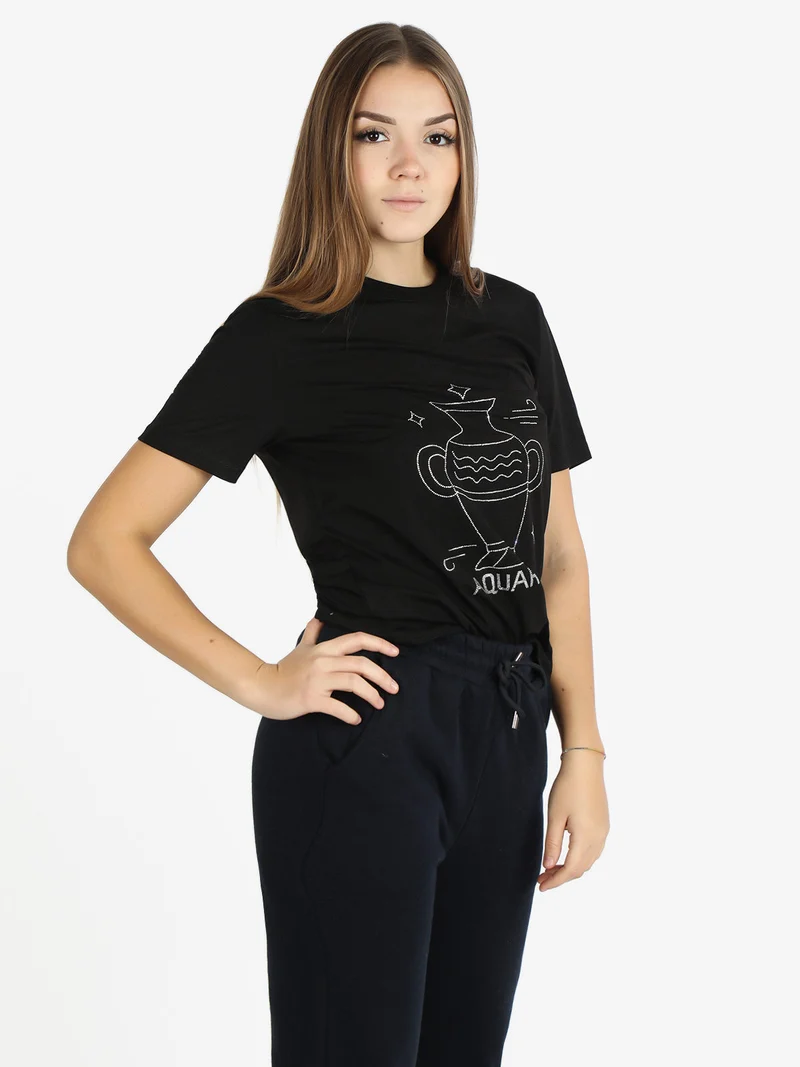 T-shirt manica corta donna segno zodiacale Acquario - nero