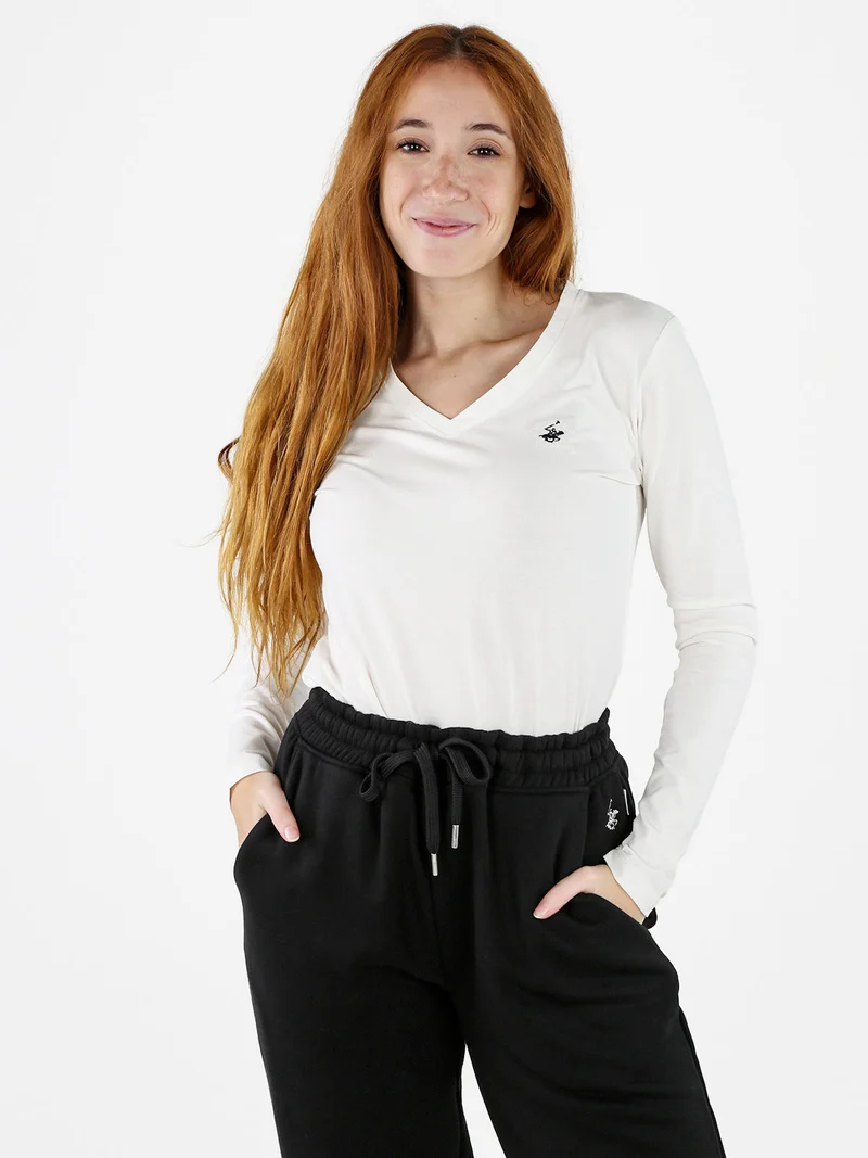 T-shirt donna scollo a V a maniche lunghe in cotone - bianco