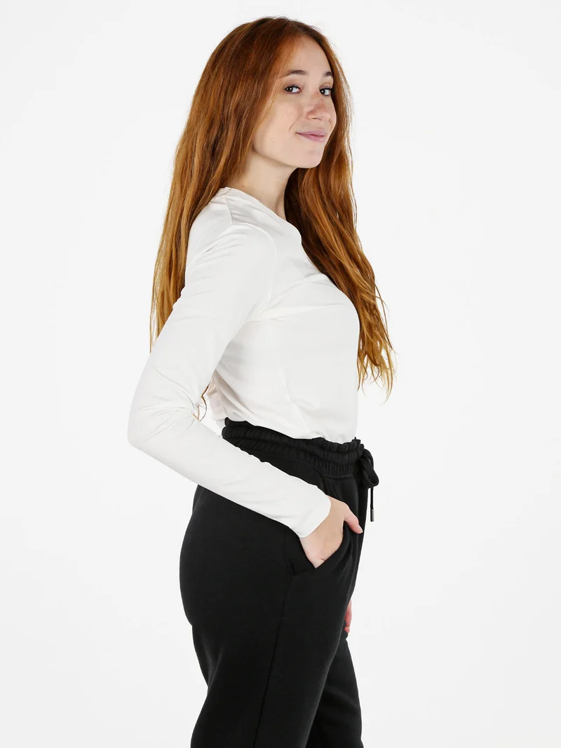 T-shirt donna scollo a V a maniche lunghe in cotone - bianco