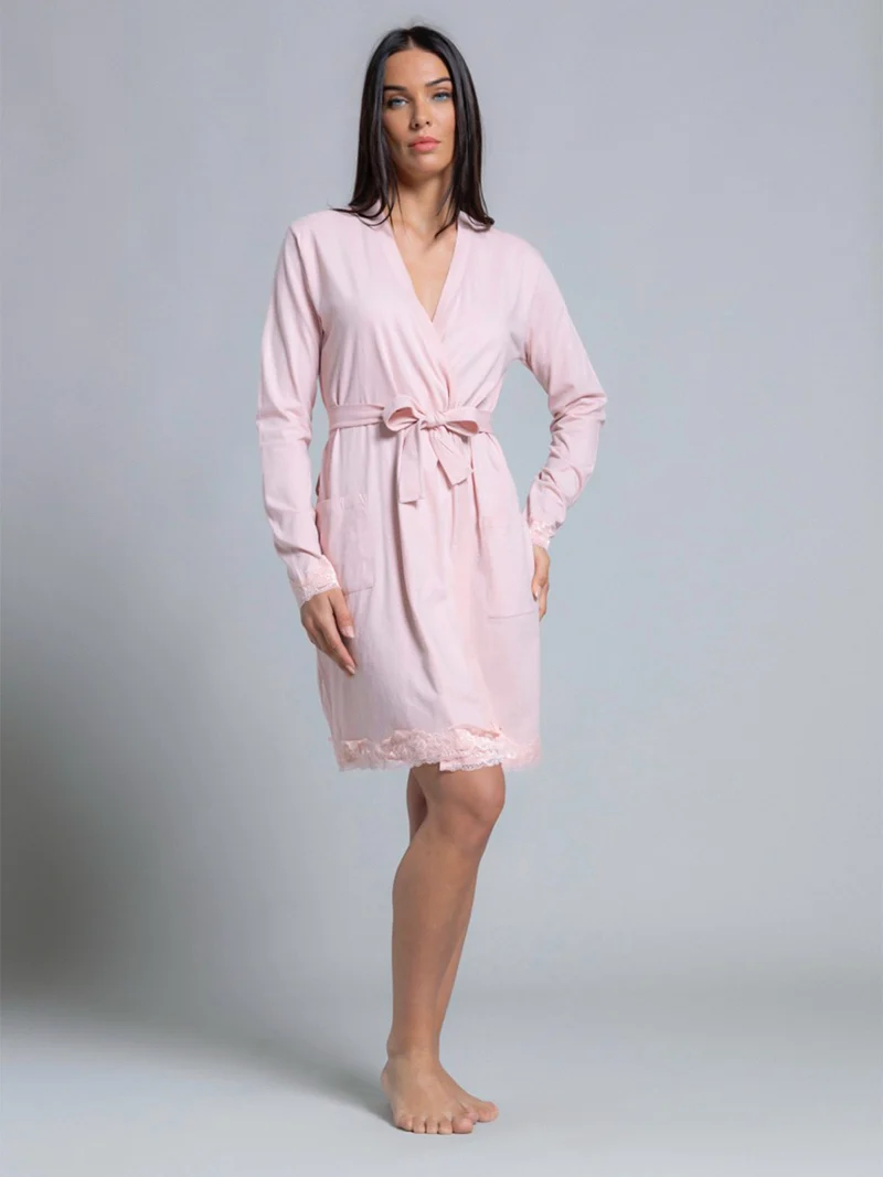 Vestaglia donna in cotone a maniche lunghe con dettagli in pizzo - rosa