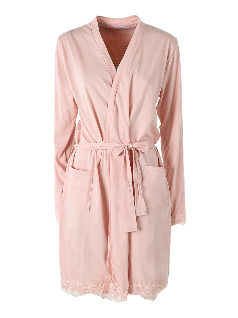 Vestaglia donna in cotone a maniche lunghe con dettagli in pizzo - rosa
