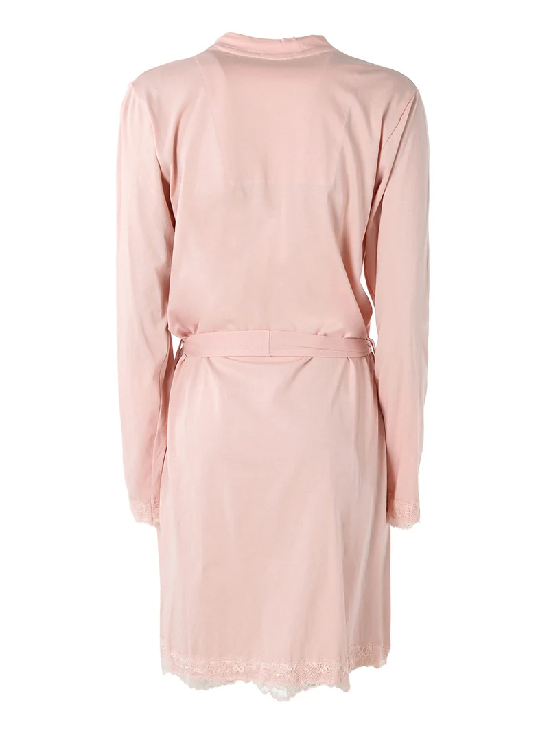Vestaglia donna in cotone a maniche lunghe con dettagli in pizzo - rosa