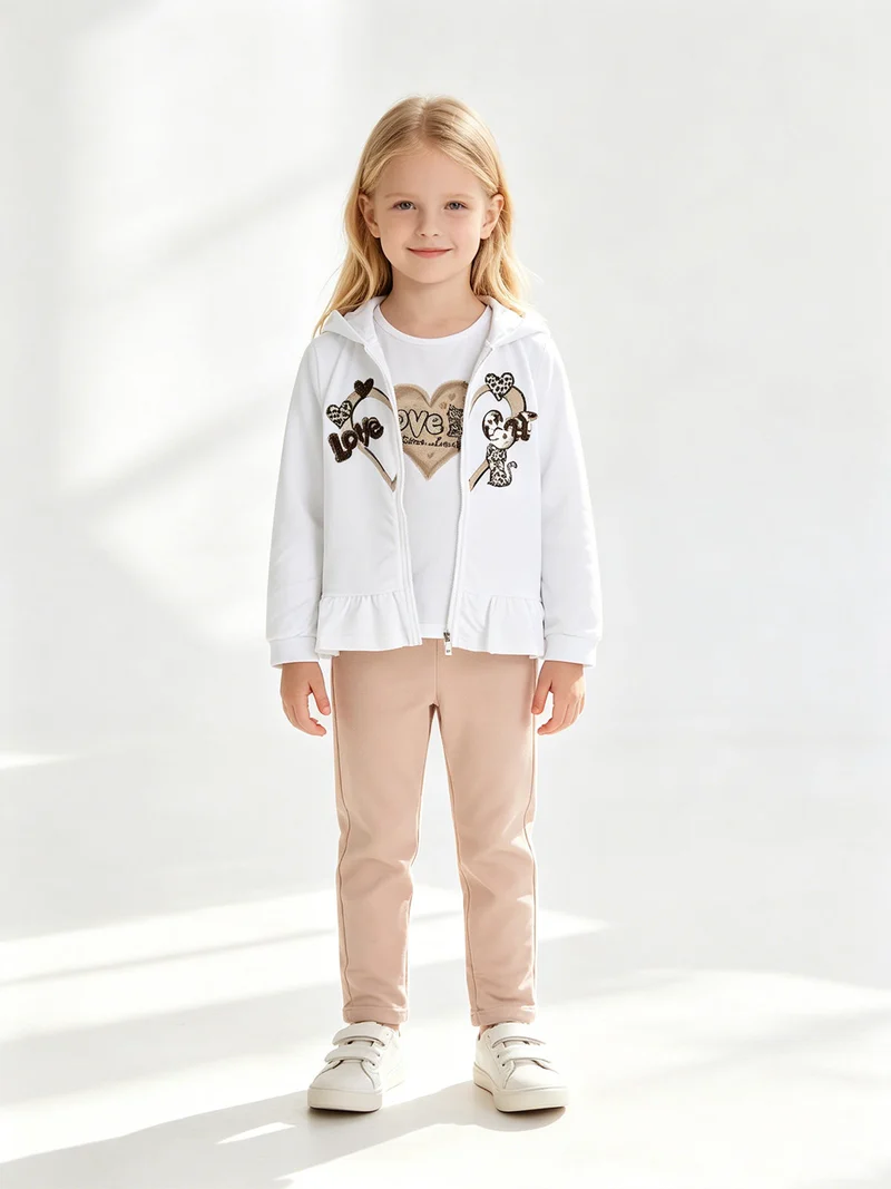 Completo 3 pezzi da bambina con cappuccio e zip - bianco