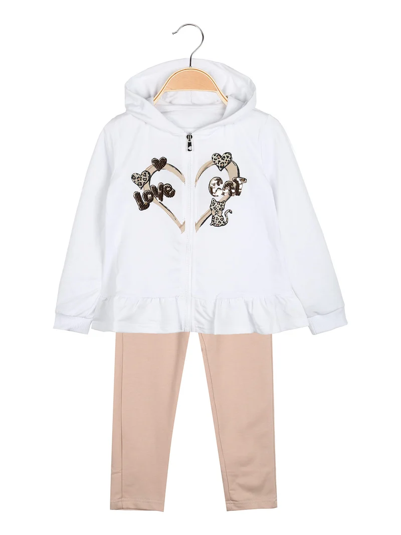 Completo 3 pezzi da bambina con cappuccio e zip - bianco