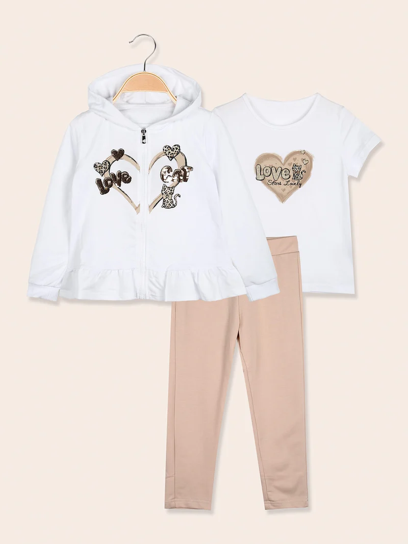 Completo 3 pezzi da bambina con cappuccio e zip - bianco