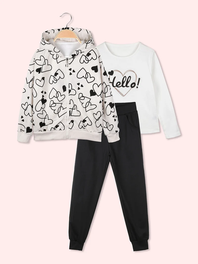 Completo 3 pezzi da bambina con felpa con stampa a cuori - panna