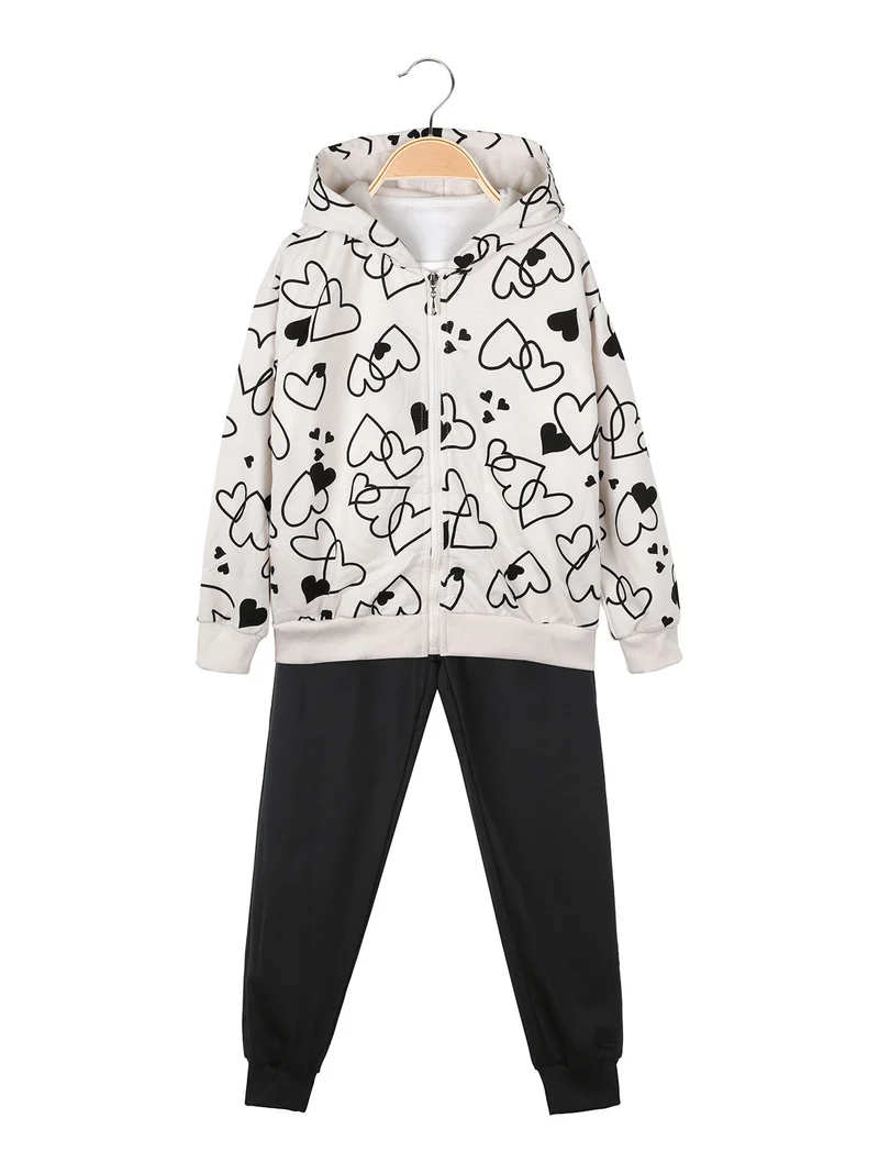 Completo 3 pezzi da bambina con felpa con stampa a cuori - panna