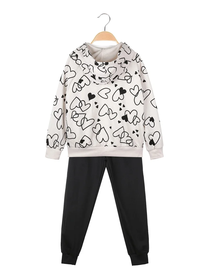 Completo 3 pezzi da bambina con felpa con stampa a cuori - panna
