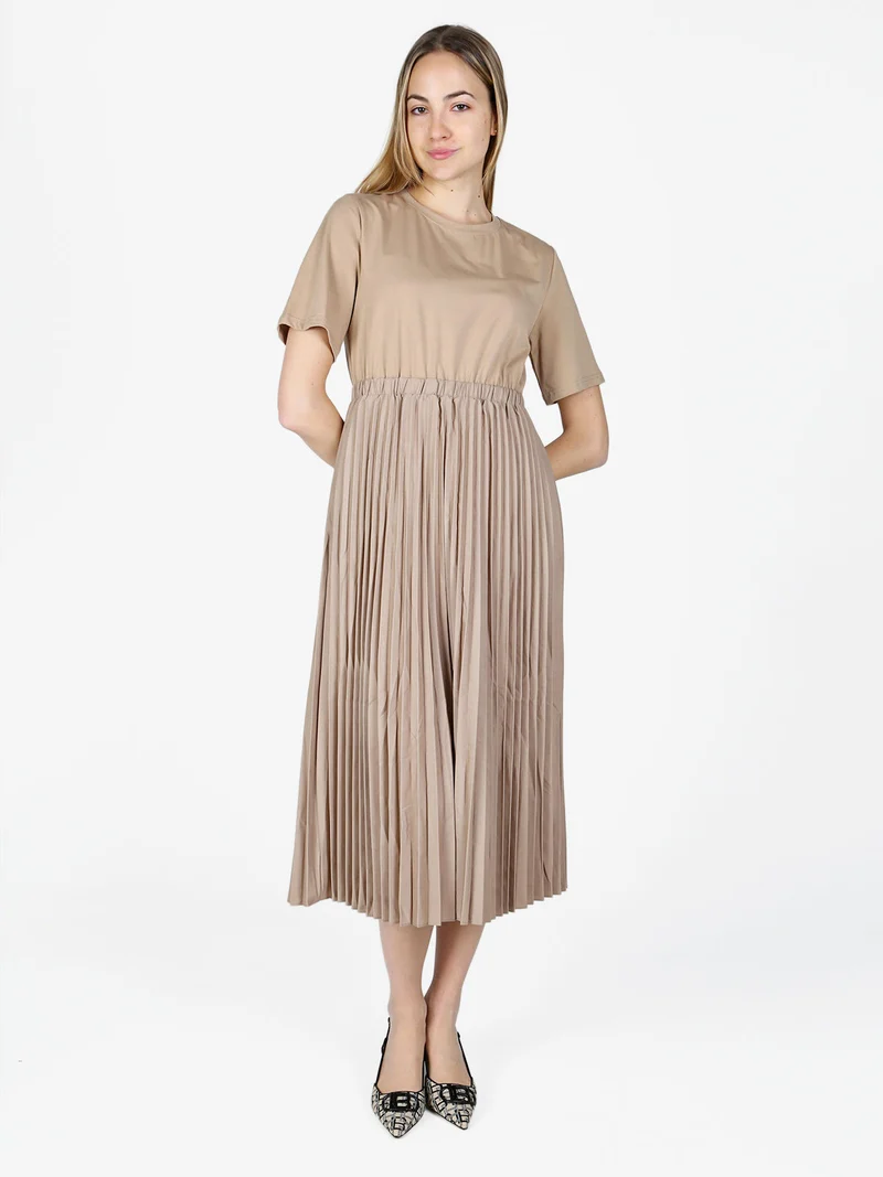 Abito lungo da donna in cotone a maniche corte con gonna plisssettata - khaki